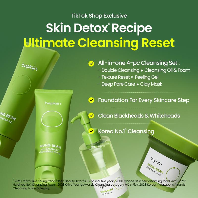 Skin Detox Cleansing Kit – Mung Bean Oil + Foam Cleanser + Peeling Gel + Clay Mask